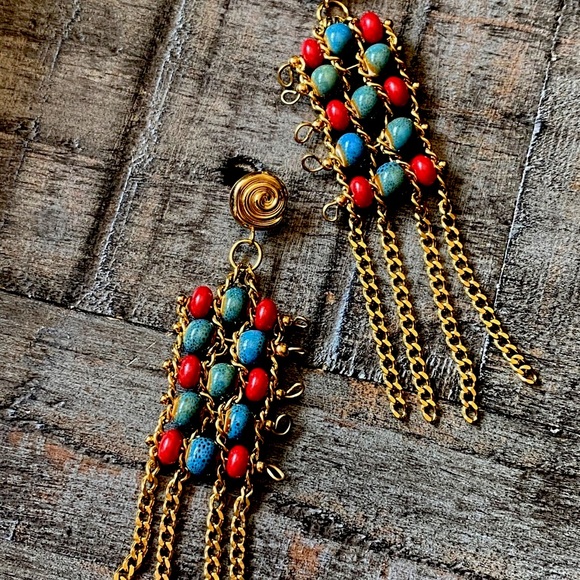 NEW Ceramic Beaded Gold Tassel Earrings - Picture 11 of 13